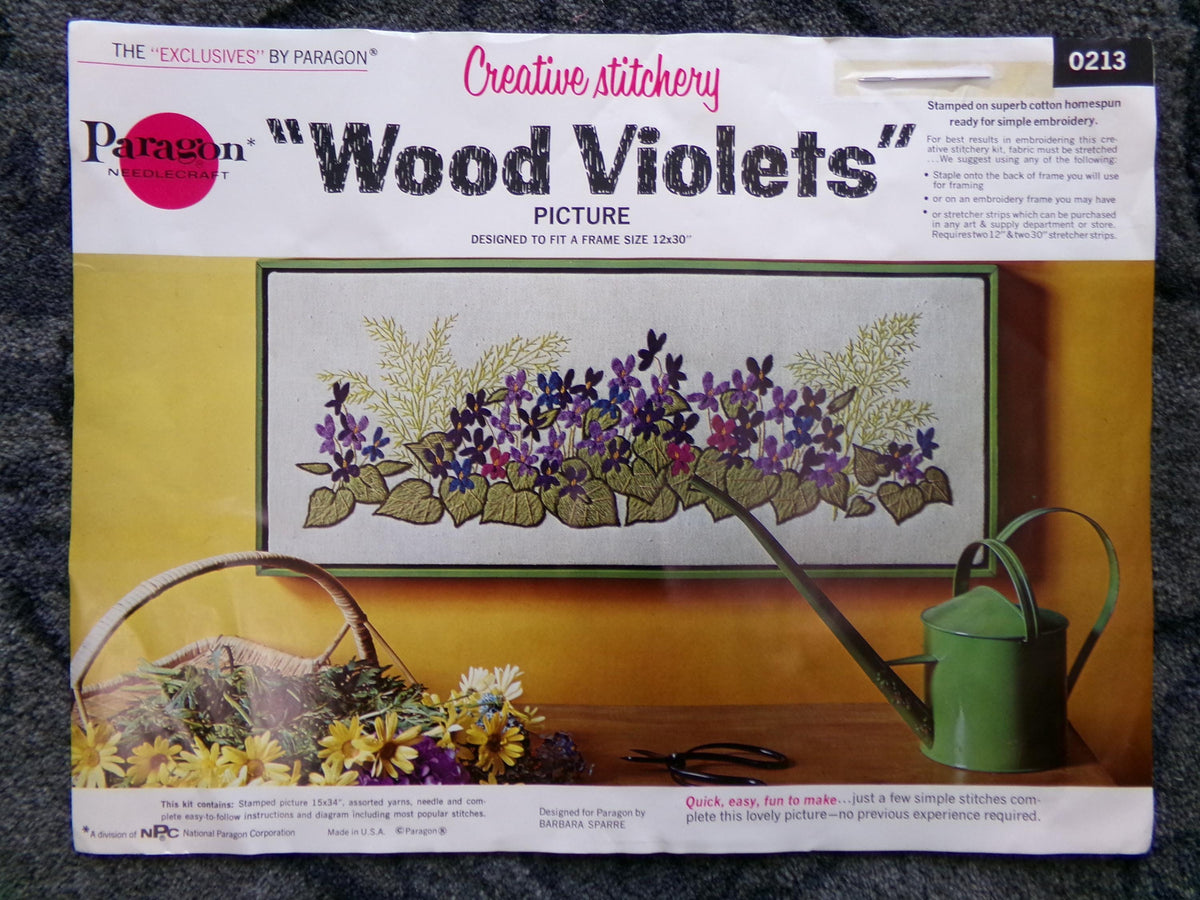 WOOD VIOLETS Vintage CREWEL Embroidery Kit Paragon 0213 Stitchery, Boho Woodland Floral