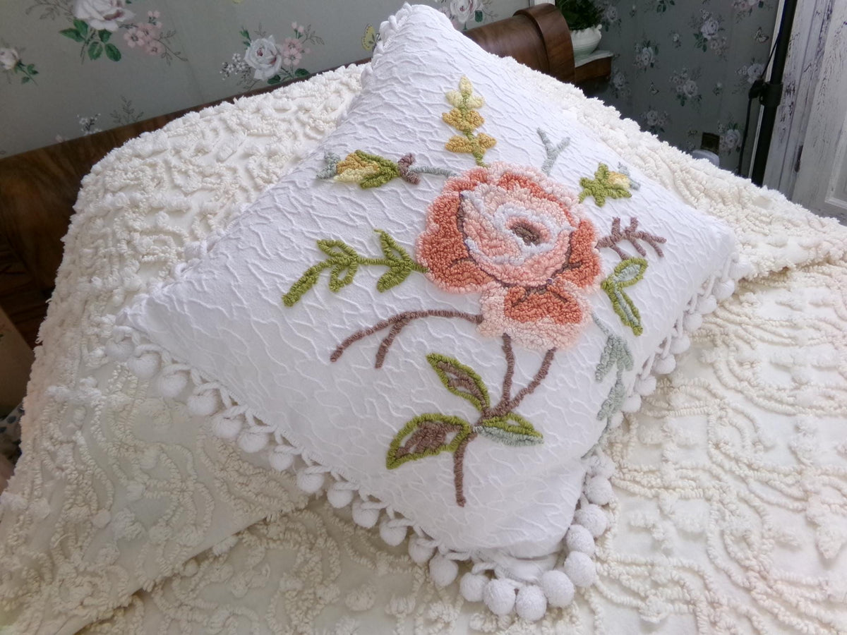 Vintage Rose Chenille Pillow Cover, Reversible Square Cottage Chic Floral Design