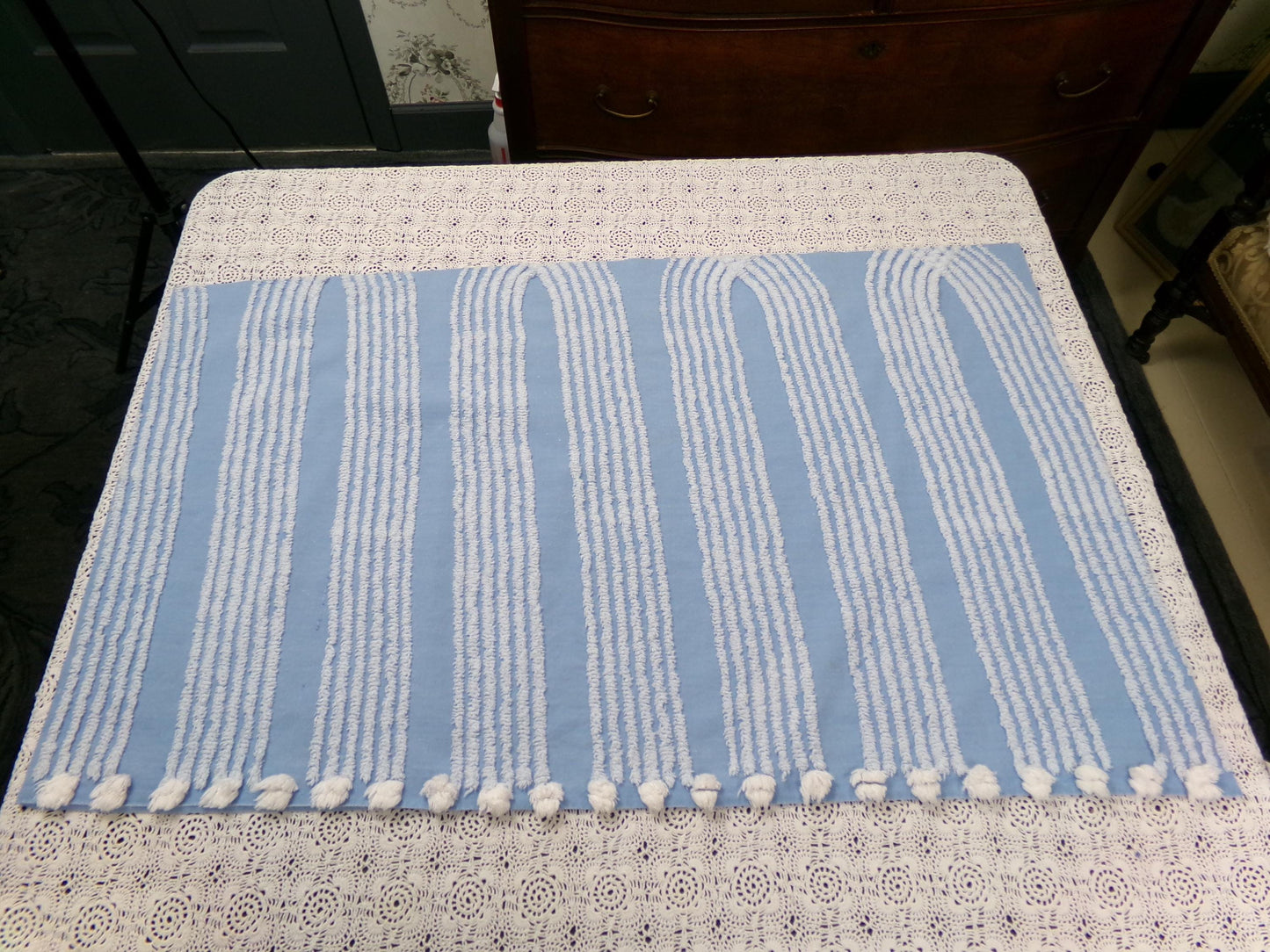 Shabby Sky Blue Vintage Chenille Fabric White Stripe Sewing Material 18" x 30"