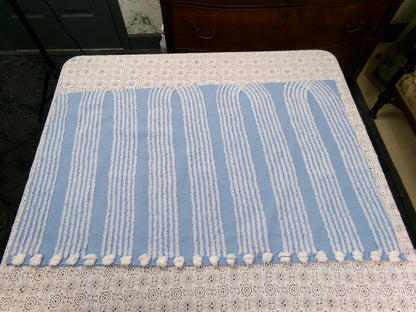 Shabby Sky Blue Vintage Chenille Fabric White Stripe Sewing Material 18" x 30"
