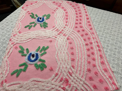 Vintage Pink Floral Chenille Fabric, Cottage Style 20x30" Quilting Sewing Textile