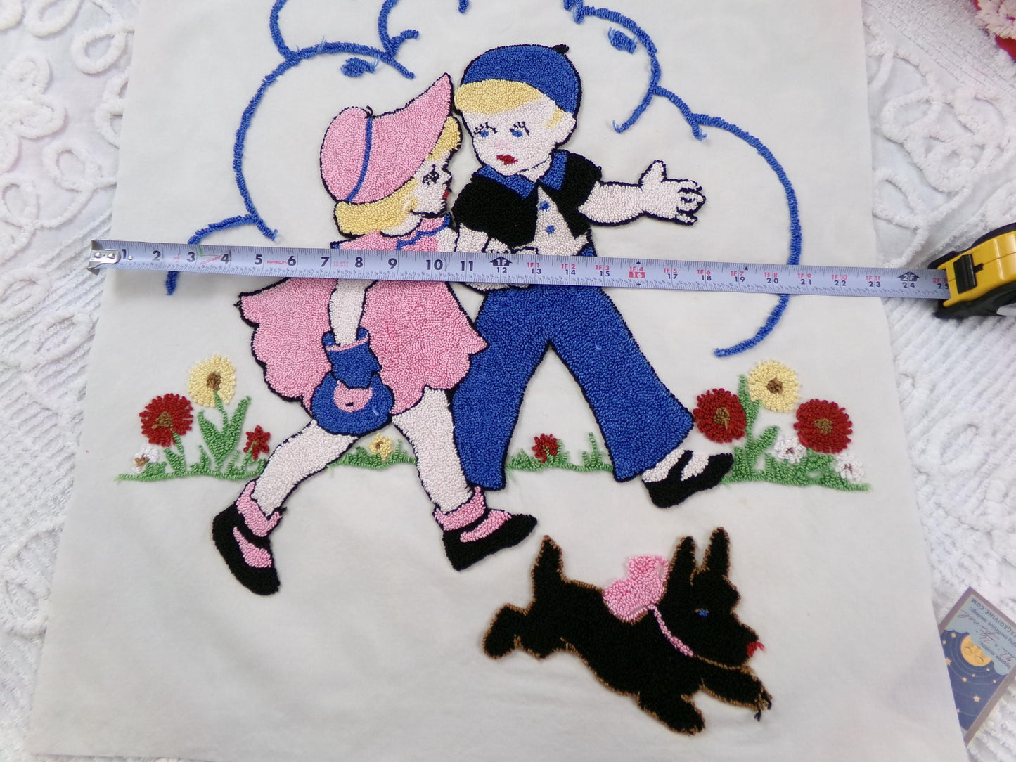 whimsical vintage chenille fabric panel: jack & jill storybook cute kids w/ scotty dog, 22" x 26" piece