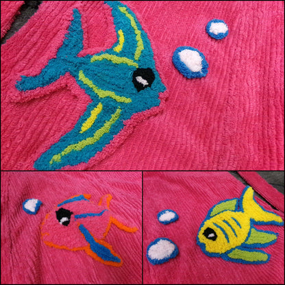 Canyon Group Vintage Chenille Robe, Pink Tropical Fish Short Beach Coverup Bathrobe Kimono Sleeves, M/L