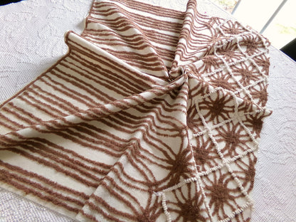 shabby cozy brown vintage chenille fabric, contrast stripe spider tuft design, 23" x 29" piece sewing & quilt material
