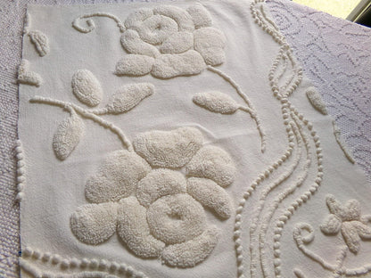 stylized ivory roses vintage chenille fabric, 100% cotton 16" x 21" cut piece w/ sprawling heavily tufted rose design for crafts, sewing