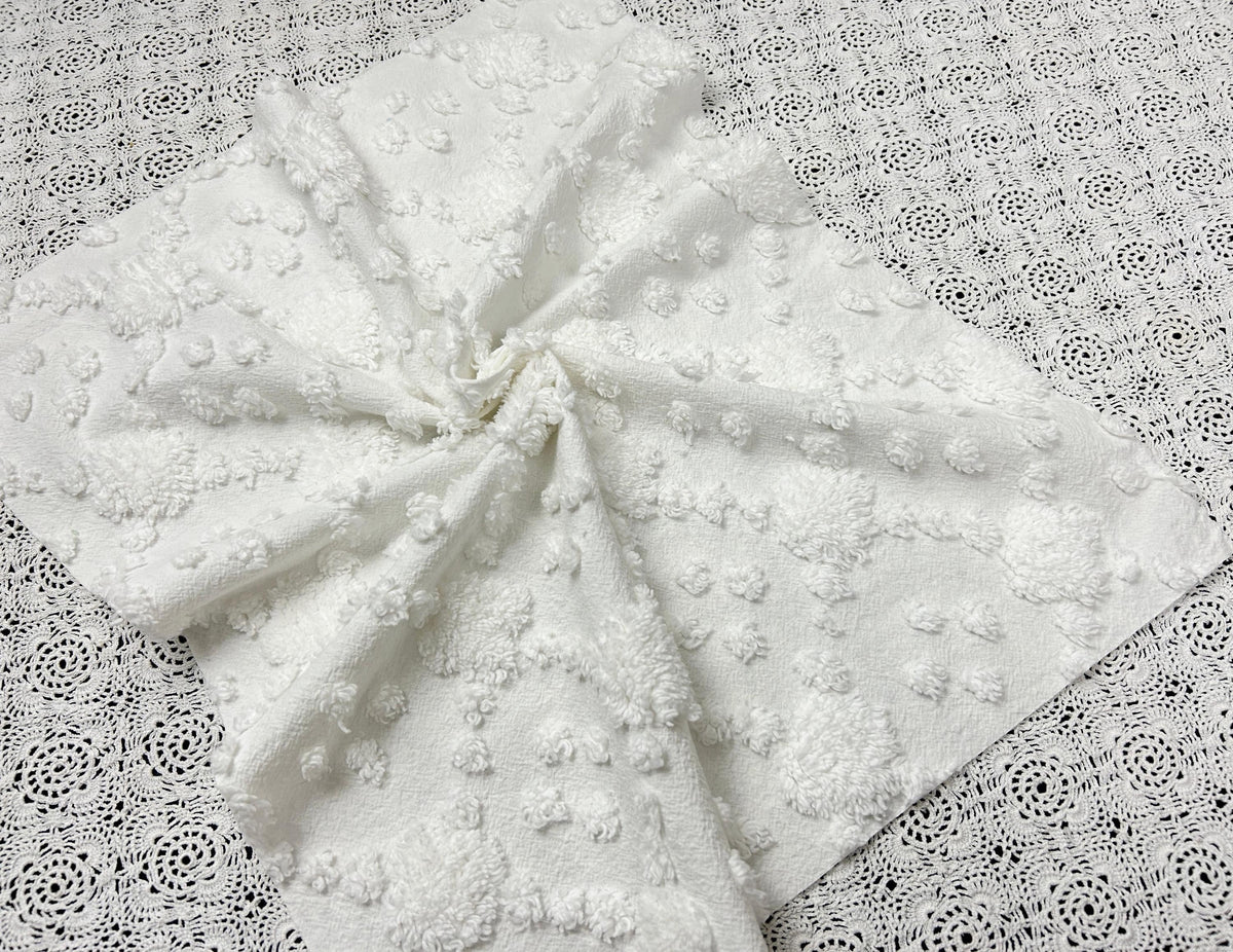 Minimalist White Vintage Style Chenille Fabric, 16x20" Quilt Sewing Textile