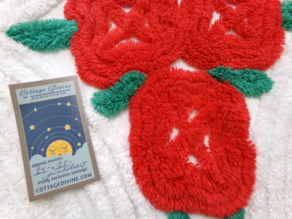 red cabbage rose vintage chenille fabric: 20" x 24" piece w/ white tufts & pom pom trim