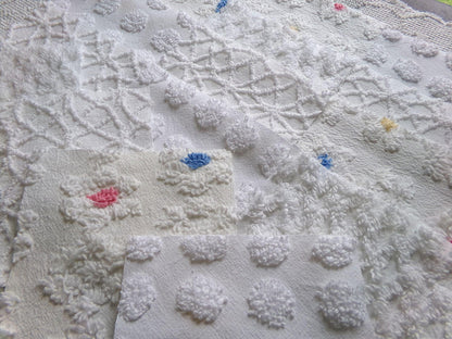 winter whimsy white chenille fabric squares, 16 vintage 6" x 6" quilt blocks, pops, webbed, diamond lattice & daisies for sewing, crafts