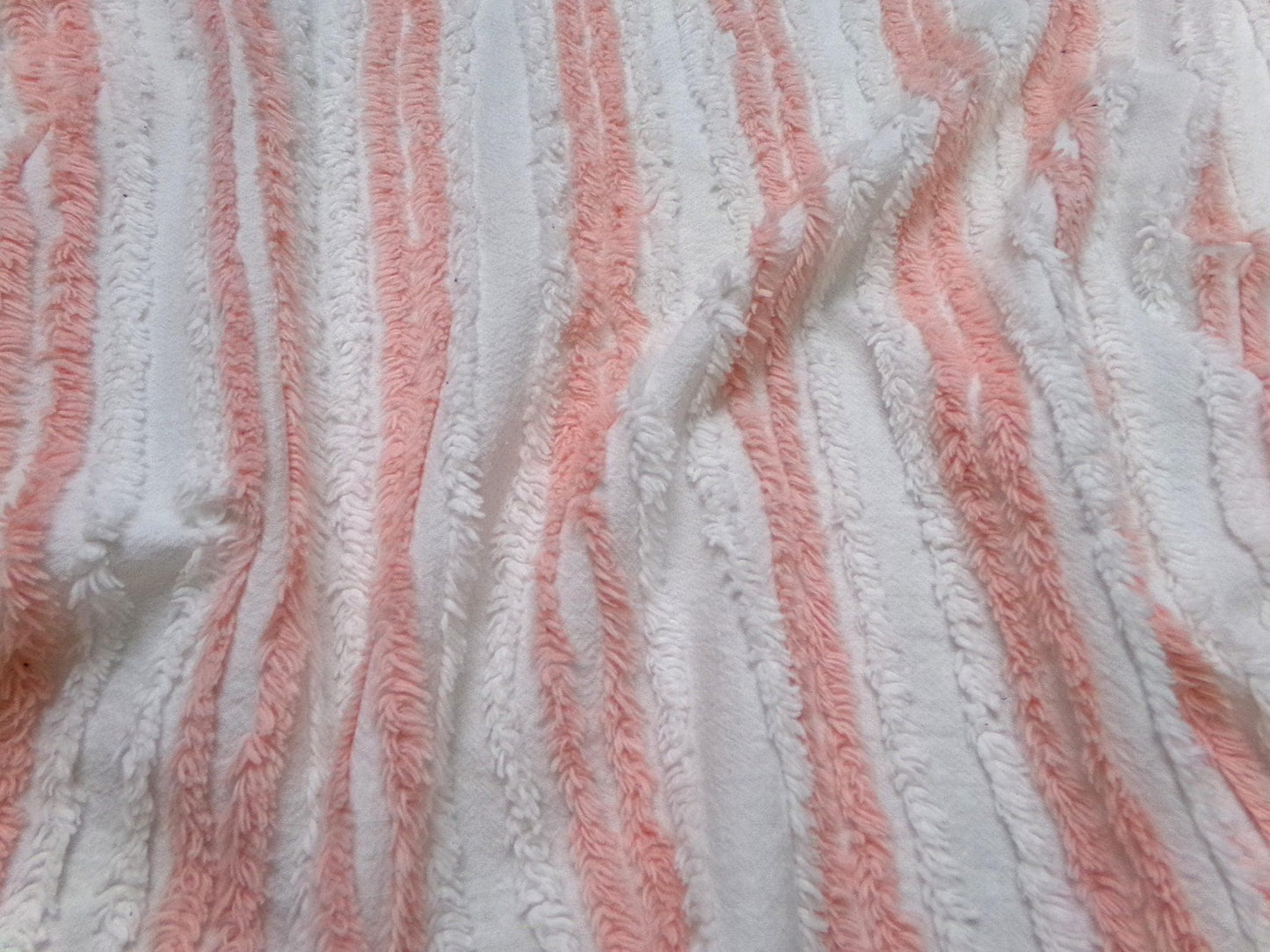 vintage chenille bedspread fabric summer peach white stripes 15.5x29" piece