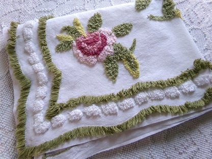 vintage rose chenille fabric, 19" x 25" inch piece of cotton sewing material, great for pillows & crafts