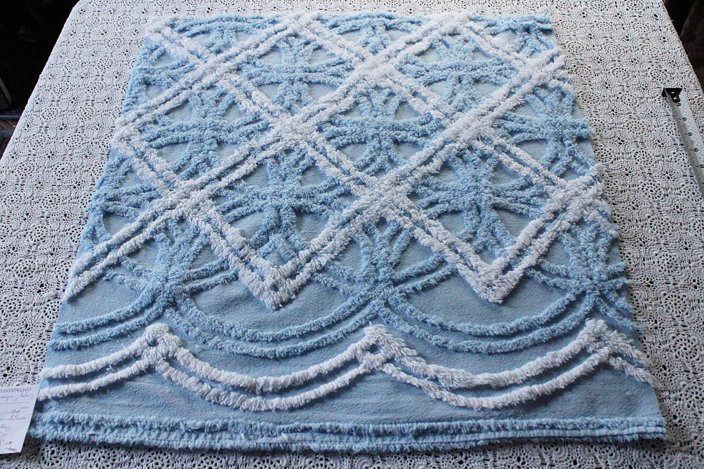Breezy Coastal Vintage Style Chenille Fabric, 21" x 22" Inch Piece, Plush Sky Blue & White Geometric