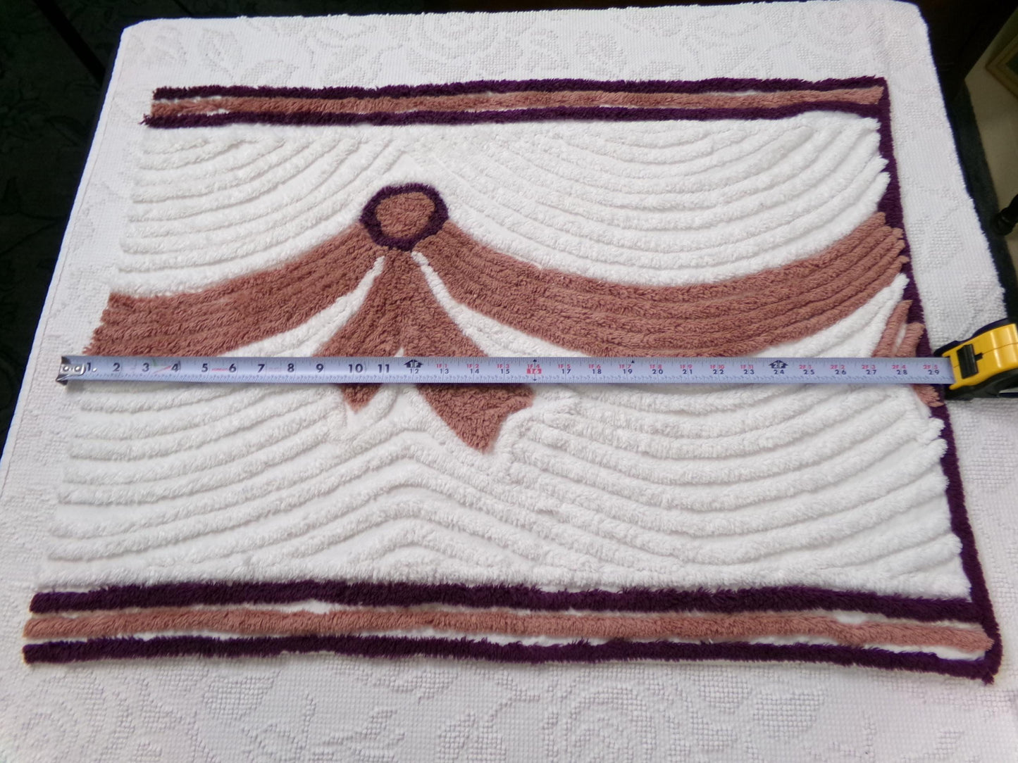 Luxury Plush Vintage Chenille Bedspread Fabric, Bow Swag White Swirl Sewing Material, 21" x 27"