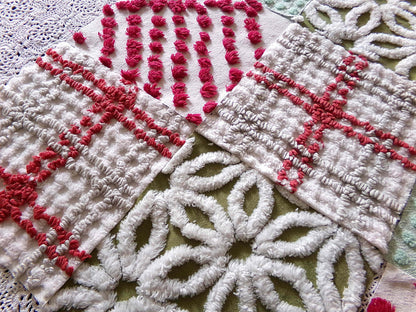 country Christmas chenille fabric squares, classic old-fashioned holiday red, green, white, set of 16 vintage quilt blocks 6" x 6" inch