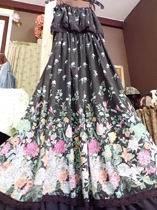 Vintage Boho Prairie Dress Black Floral 70s Maxi Sundress Jr Sz 13