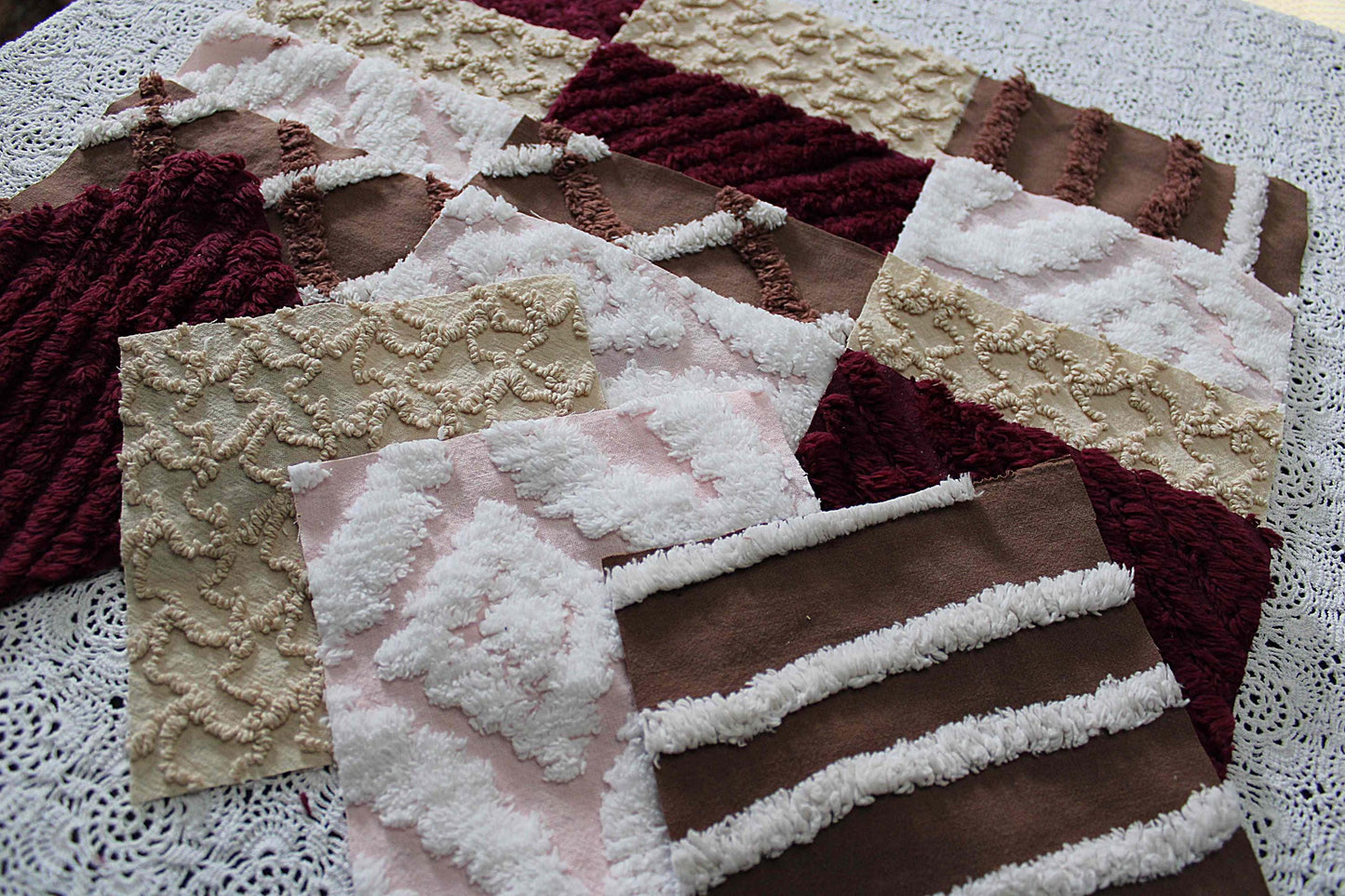 chocolate berry vintage chenille fabric squares, 16 quilt blocks, 6" inches ea, great shades of brown, merlot, mocha, white