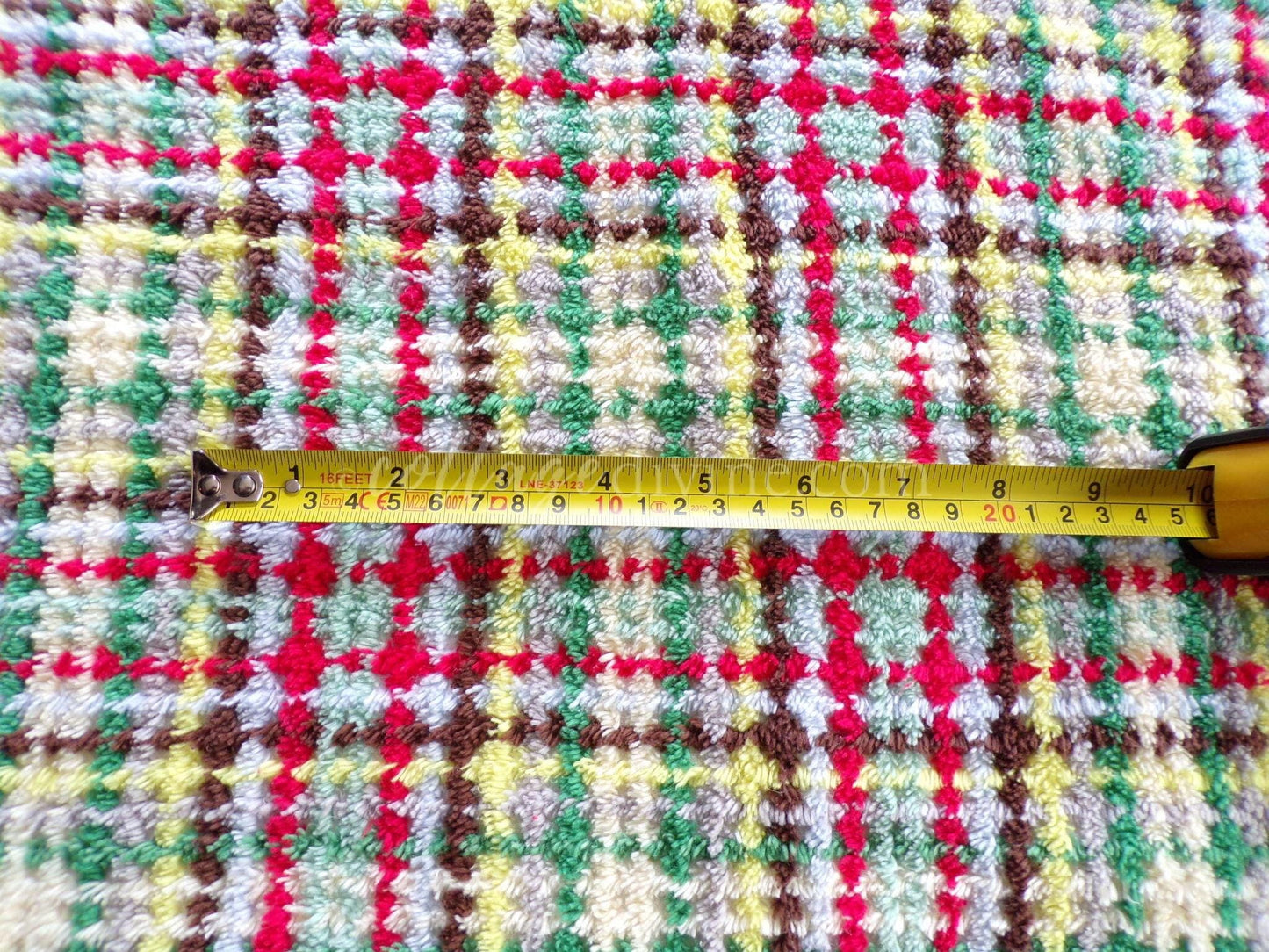 brightly colored vintage chenille fabric in retro rustic plaid design, 20" x 24" inch piece of quilt material for sewing & crafts