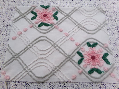 Dove Grey Pink Rose Vintage Chenille Bedspread Fabric Quilt Sewing Material 15" x 24"