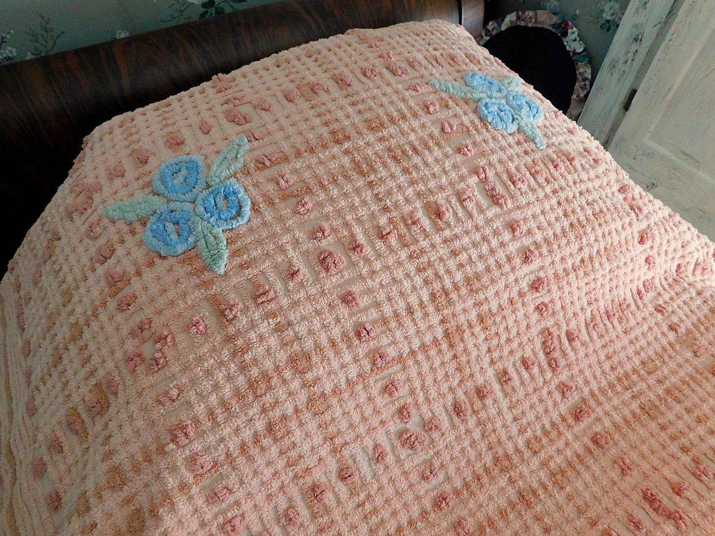 cozy plush plaid vintage chenille bedspread, blue roses on peach geometric design, full size cotton bedding