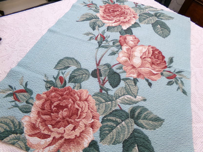 Vintage 1940s Barkcloth Fabric Aqua Blue Pink Roses Botanical Mid-Century Shabby, 18" x 26"