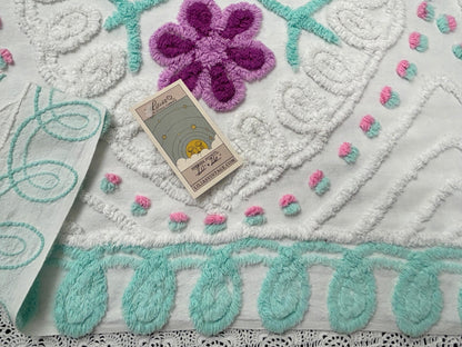 Sweetie Heart Vintage Chenille Bedspread Fabric Seafoam Curlicues 20x26" Textile