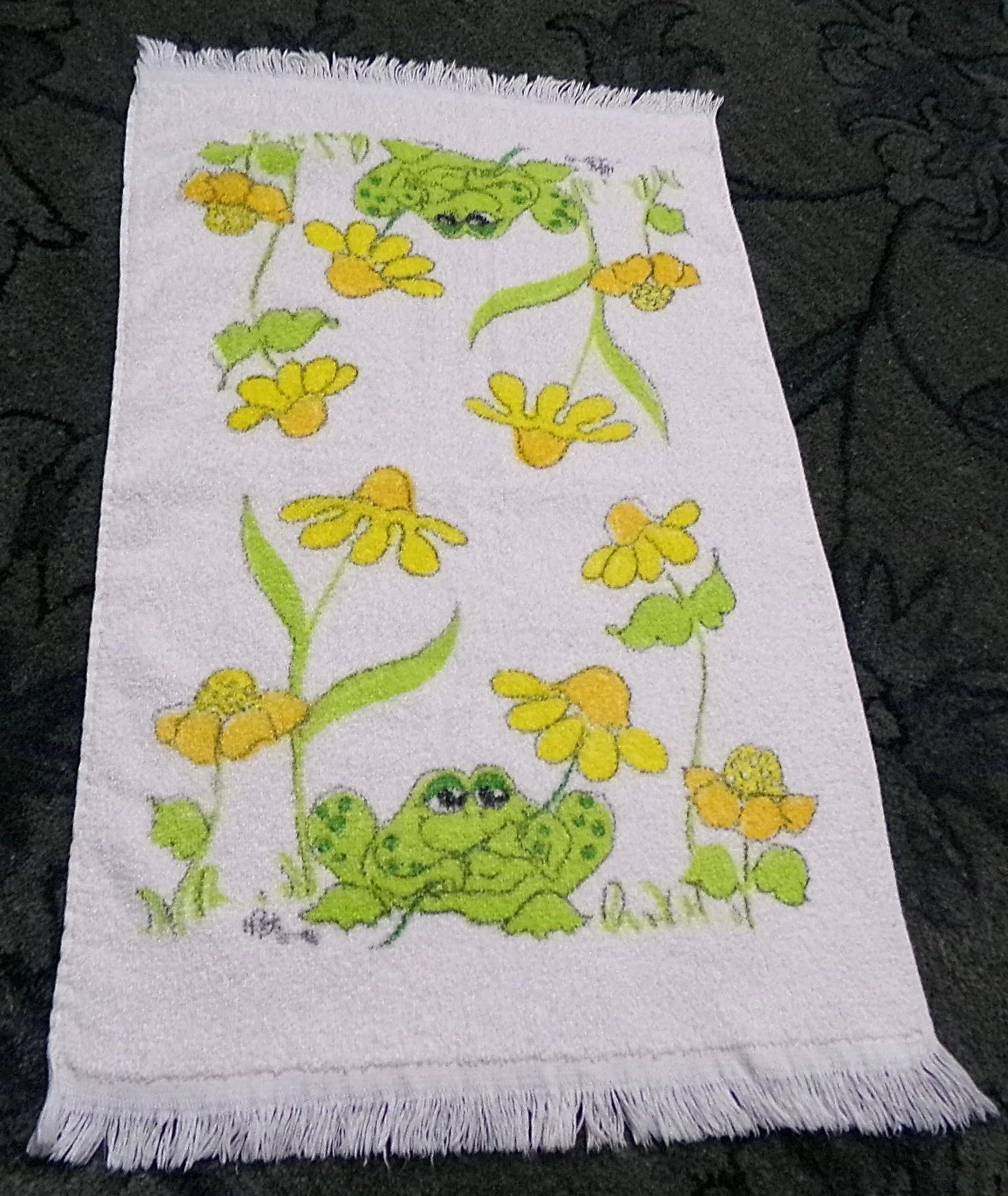 Vintage Frog Towel 1970s Boho Cannon Kitchen Hand Terry Towel 14X24" w/ Fringe
