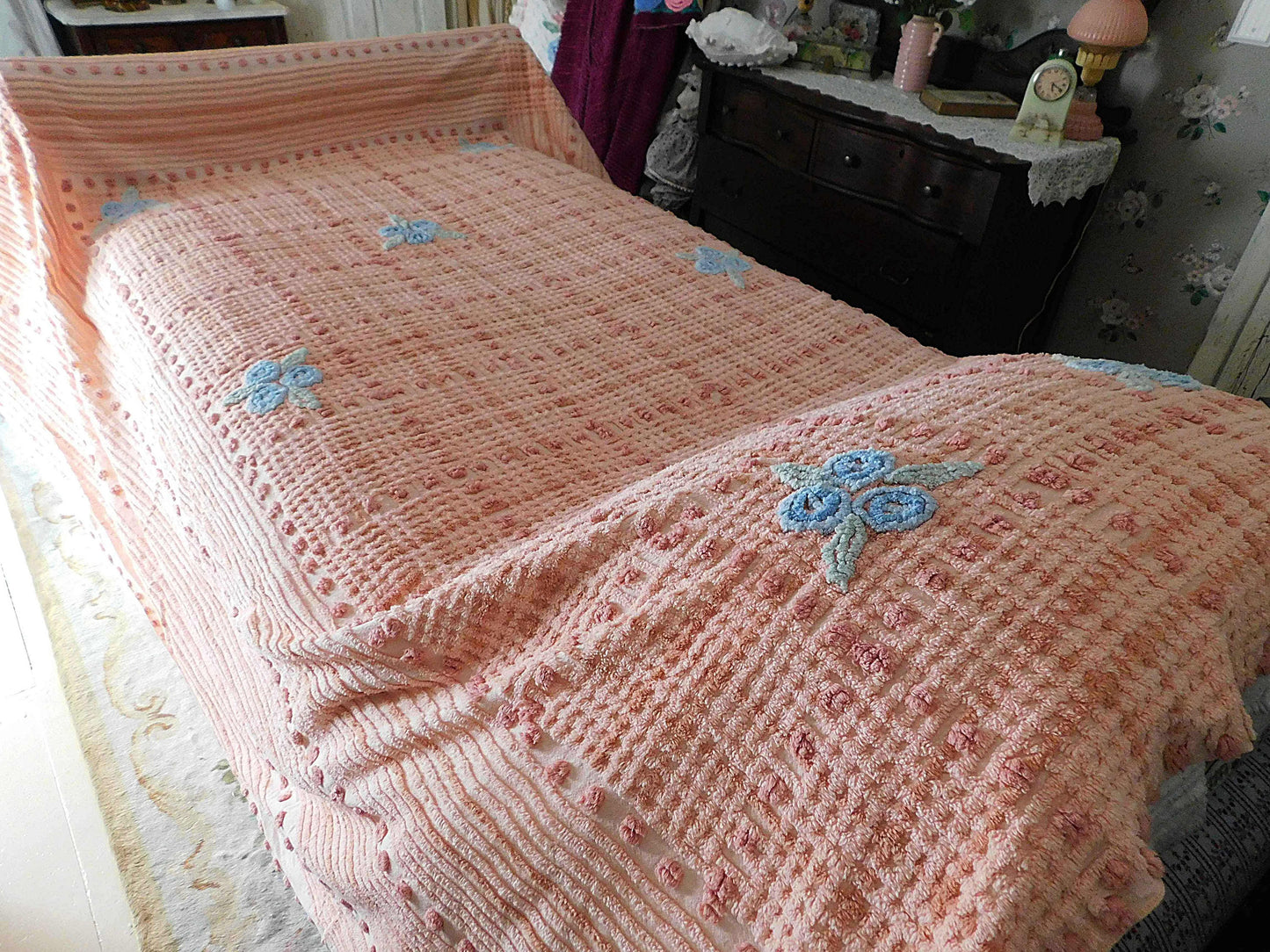 cozy plush plaid vintage chenille bedspread, blue roses on peach geometric design, full size cotton bedding