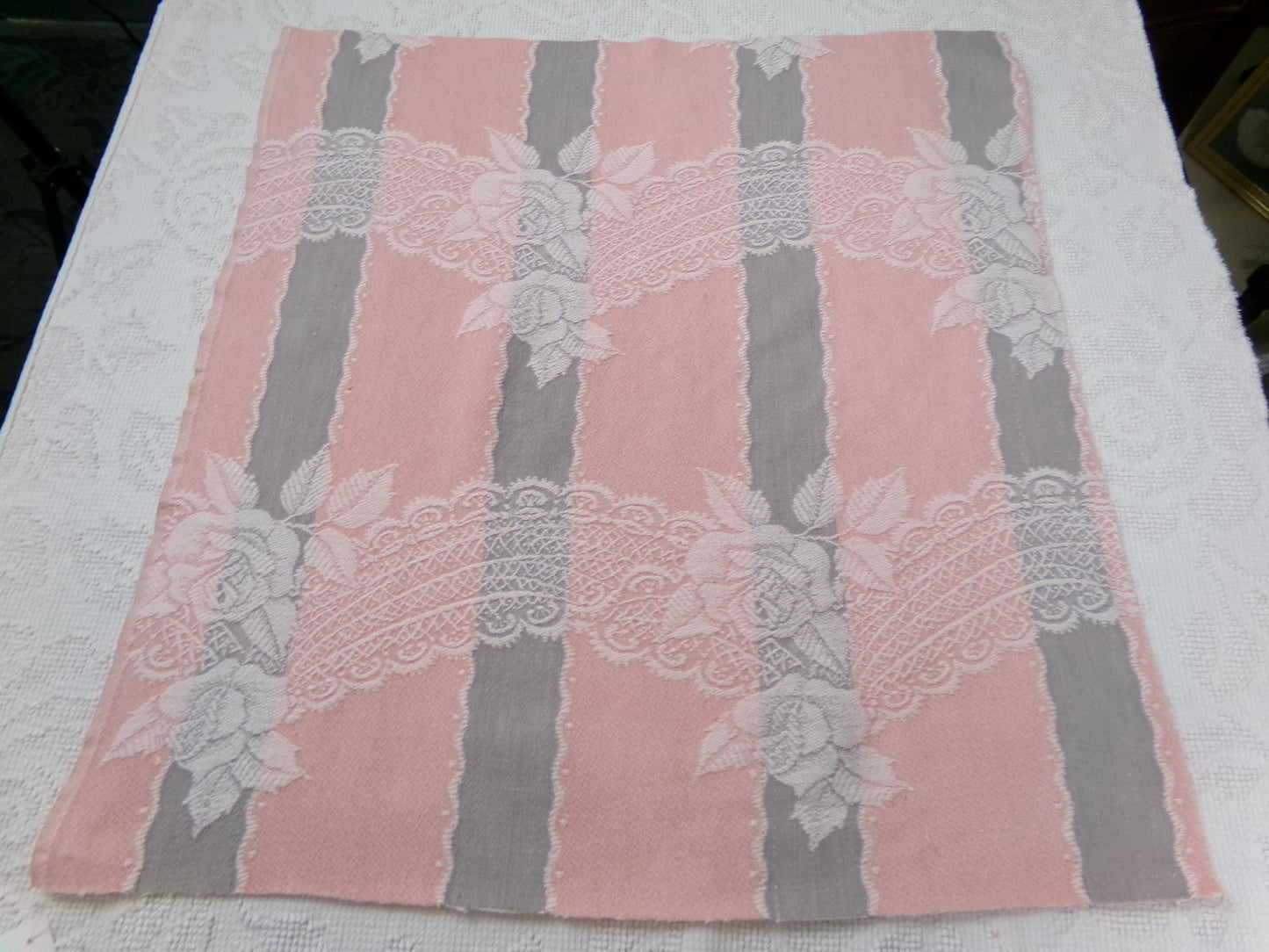 Lacy Rose Vintage Woven Fabric Piece Pink & Grey Stripes Shabby Chic Sewing Material 24x23"