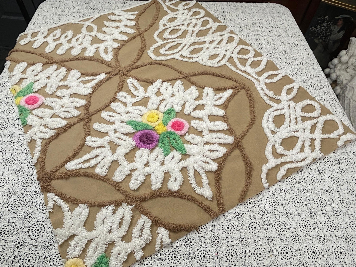 Sculpted Vintage Chenille Fabric 27x24" Piece Chocolate Brown & White
