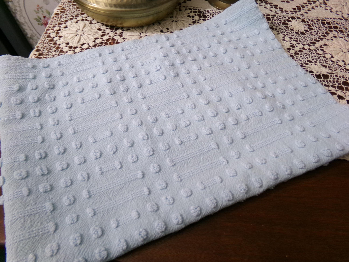 Light Blue Vintage Chenille Fabric, Polka Dot & Dash Design, 18x24" Piece