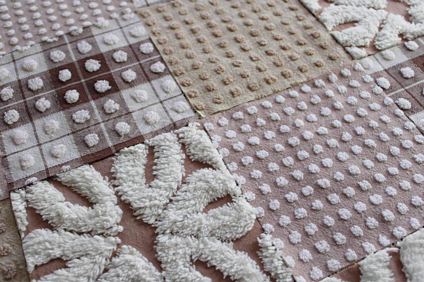 Cozy Mocha Chenille Quilt Squares Set, from Vintage Bedspread Fabric, 16 Blocks, 6" x 6" inches each, Pops & Daisies