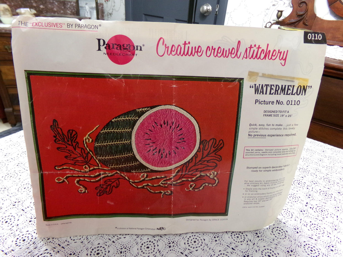 WATERMELON Crewel Embroidery Kit, Vintage Paragon Needlecraft 0110, Kitschy Wall Art