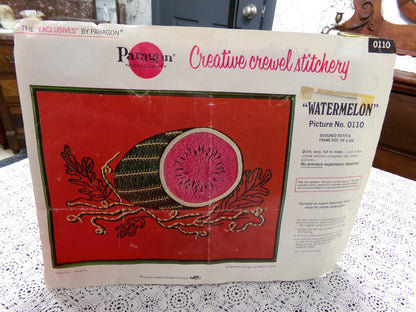 WATERMELON Crewel Embroidery Kit, Vintage Paragon Needlecraft 0110, Kitschy Wall Art