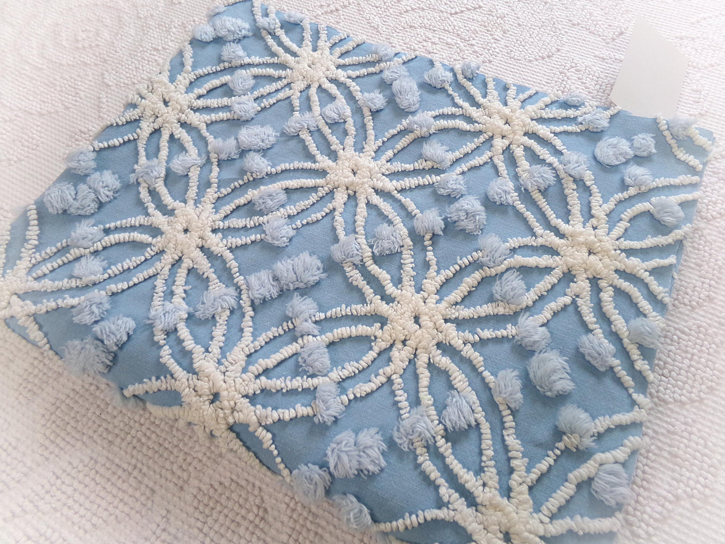 mystic coast blue vintage chenille fabric, 20" x 25" piece quilt & sewing material, white wedding rings with overtufted pops