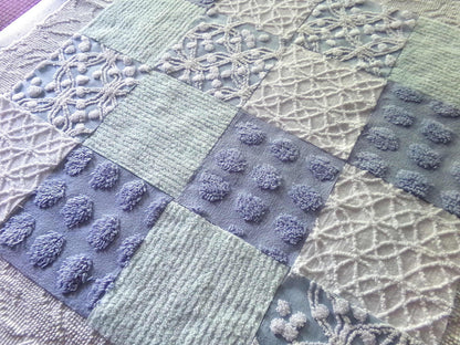 Chenille Fabric Squares Set, "Beach Life", 16 Vintage Quilt Blocks, 6" inch in Blue, Cool Aqua & White