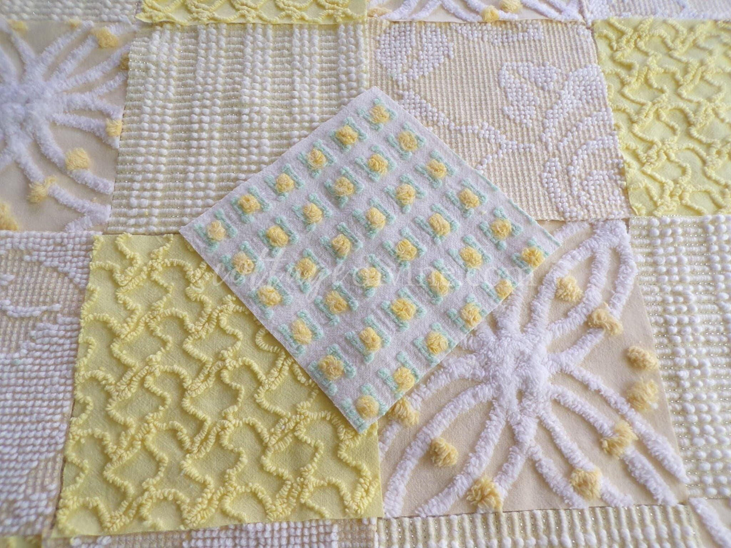 Cheerful Chenille Quilt Squares Set from Vintage Bedspread Fabric, 17 Blocks, 6" x 6" inch, Sunny Yellows
