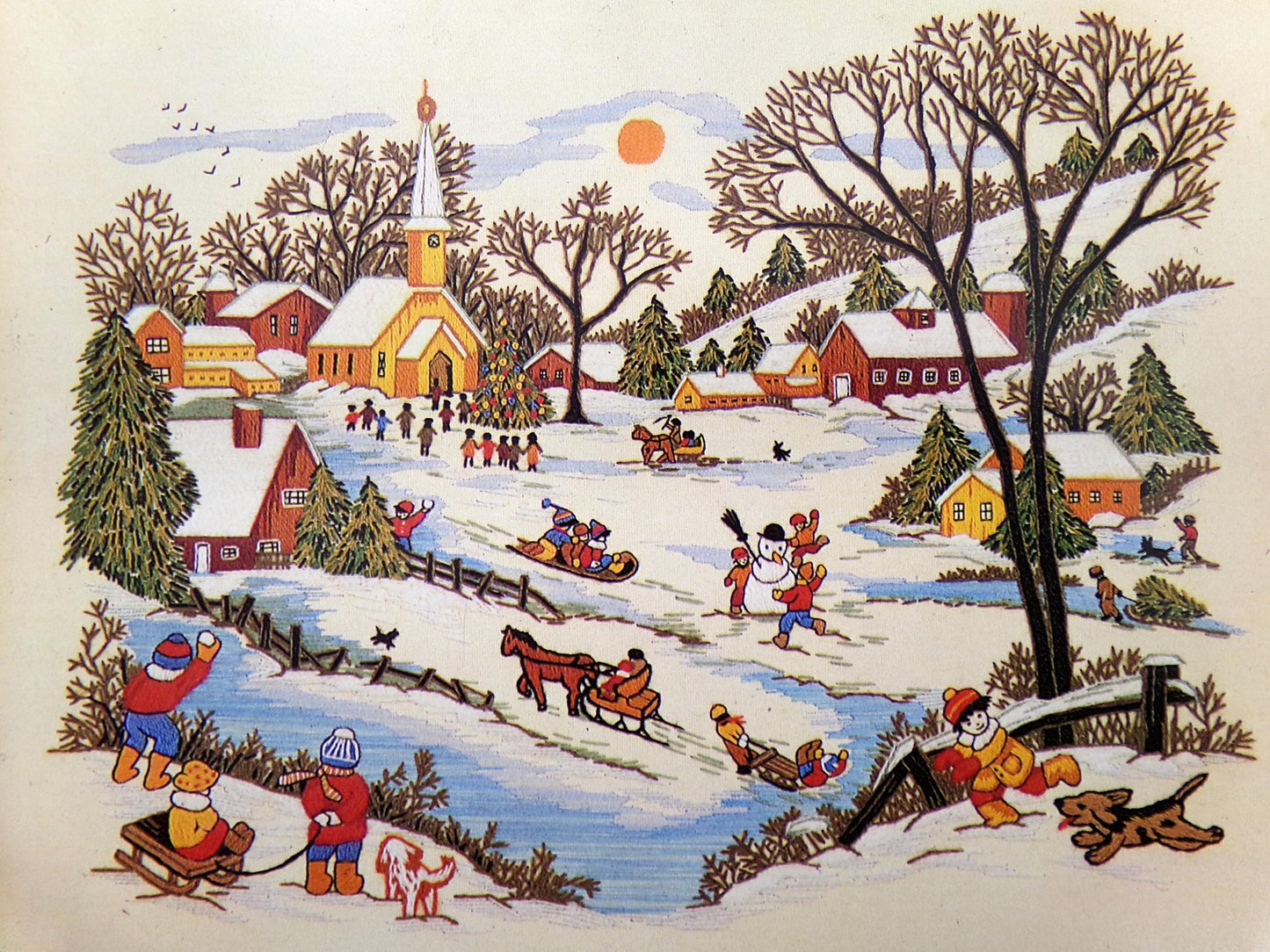 WINTER DAYS Vintage Crewel Embroidery Kit Paragon Needlecraft 0515 Whimsical Snow Scene, Adele Veres Design