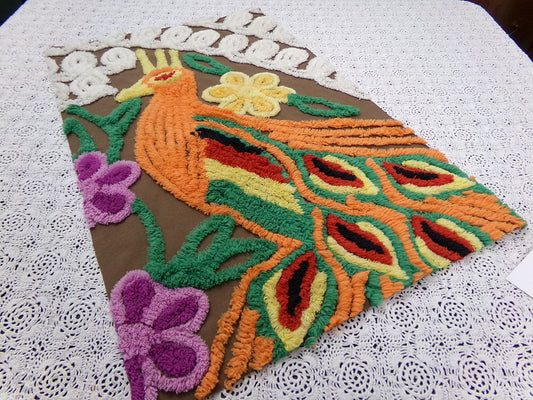 peacock vintage chenille bedspread fabric boho bird brown orange 14x21" small piece