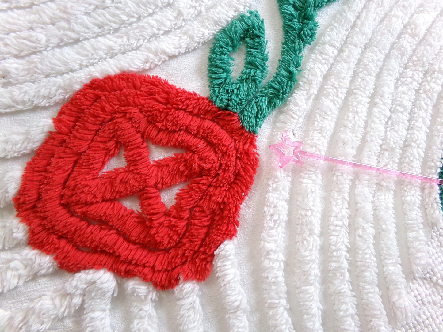 romantic red rose vintage chenille fabric: 25" x 25" piece w/ white swirl tufts & pom pom edge trim
