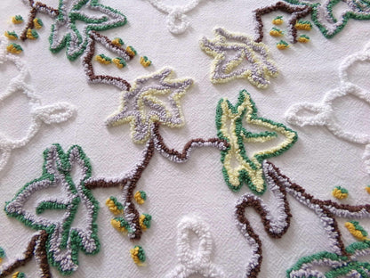 rambling ivy vintage chenille fabric, 21" x 24" irregular cut piece, unique tufted leaf design on antique white, great in pillows, quilts