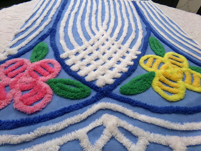 Vintage Chenille Fabric, Waterfall Blue & White Tropical Florals, 20" x 27" Cut Piece