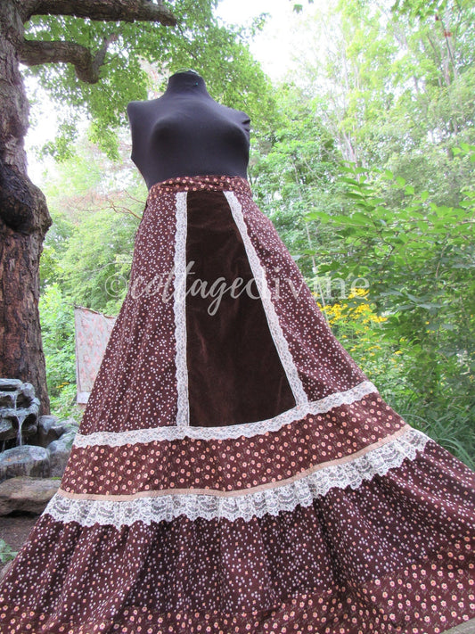 GUNNE SAX Prairie Skirt Velvet Front Chocolate Brown Calico Gunnies Vintage 1970s Maxi Skirt, XXS