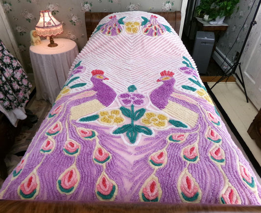 Pink Peacock Vintage Chenille Bedspread, Colorful Lovebirds, Cotton Full Size
