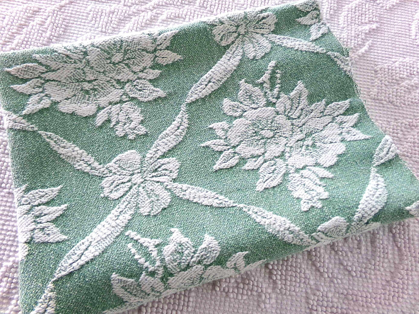 shabby cottage jade rose woven fabric, reversible sewing material from vintage bates bedspread, 20" x 30" inch piece