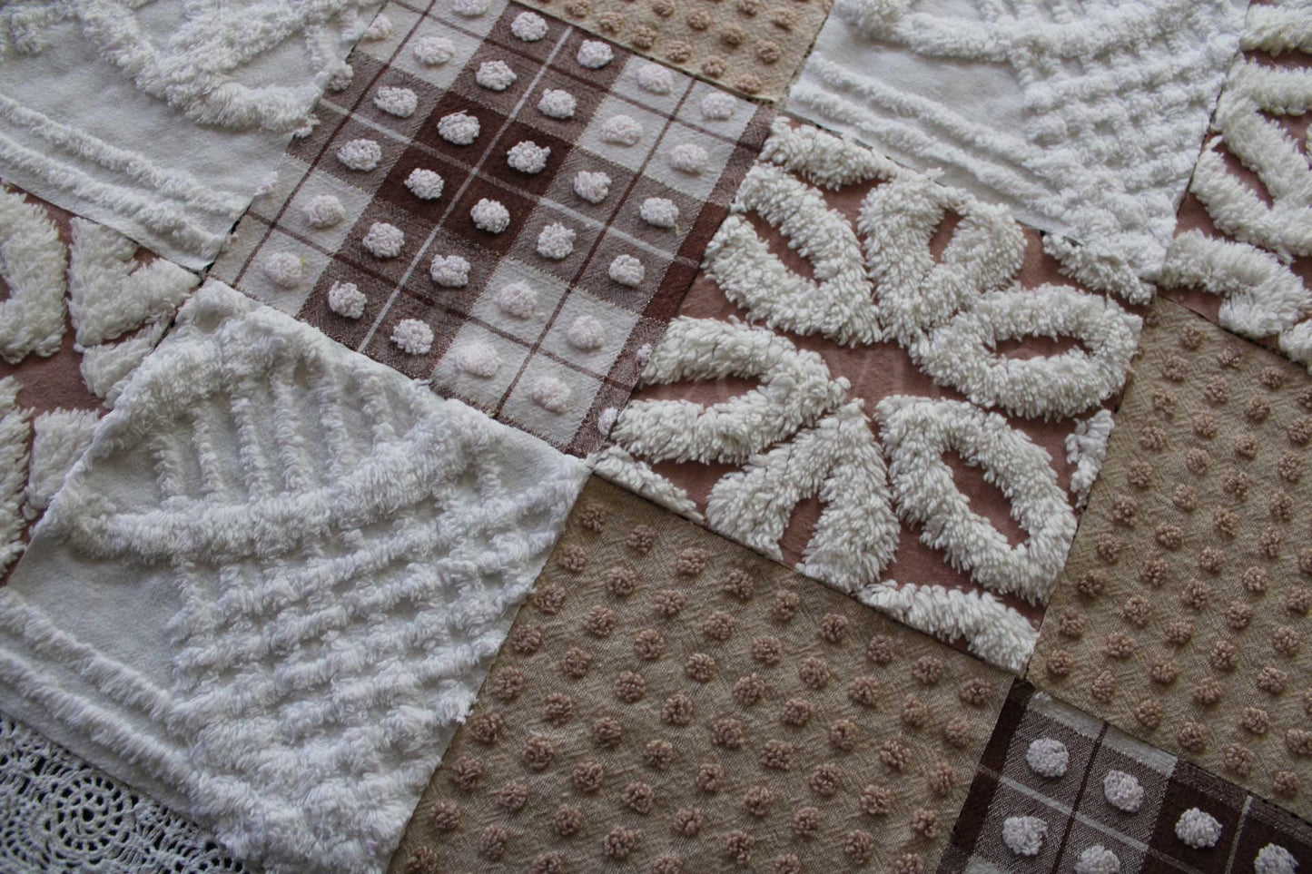 Bear Hugs Chenille Quilt Squares Set, from Vintage Bedspread Fabric, 16 Blocks, 6" x 6" inches each, Chocolate, Mocha & White