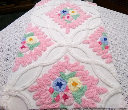 Vintage Chenille Fabric Piece, Pink Frosting Floral Cottage Chic Sewing Material 18x30"