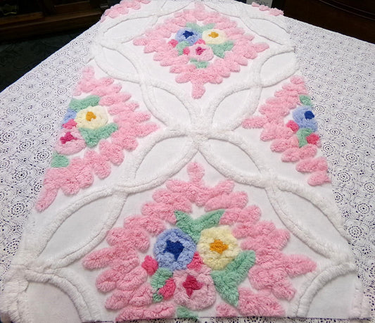 Vintage Chenille Fabric Piece, Pink Frosting Floral Cottage Chic 18x30"