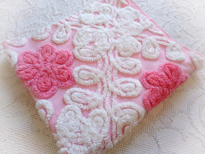 Strawberry Pink Vintage Chenille Fabric Whimsical Floral Sewing Material 21" x 21"
