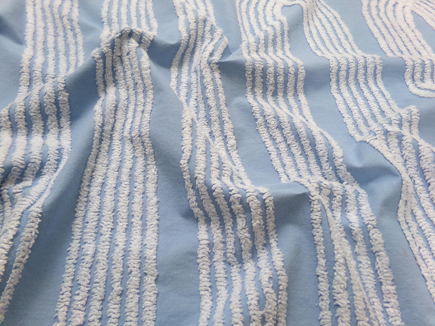 Shabby Sky Blue Vintage Chenille Fabric White Stripe Sewing Material 18" x 30"