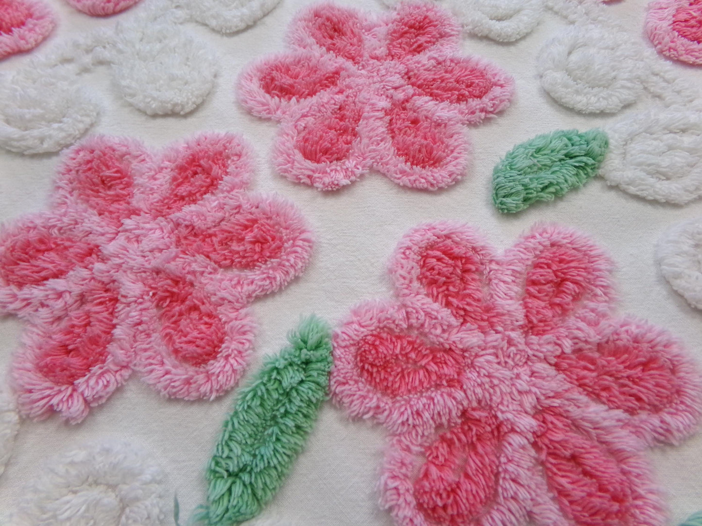 big pink heart vintage chenille fabric, popular floral center pattern, 16" x 26" piece of sewing material for quilting, crafts