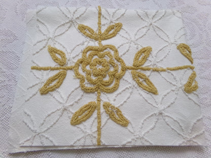 Vintage Tufted Chenille Fabric Piece, Directional Golden Rose Sewing & Quilt Material 22" x 26"